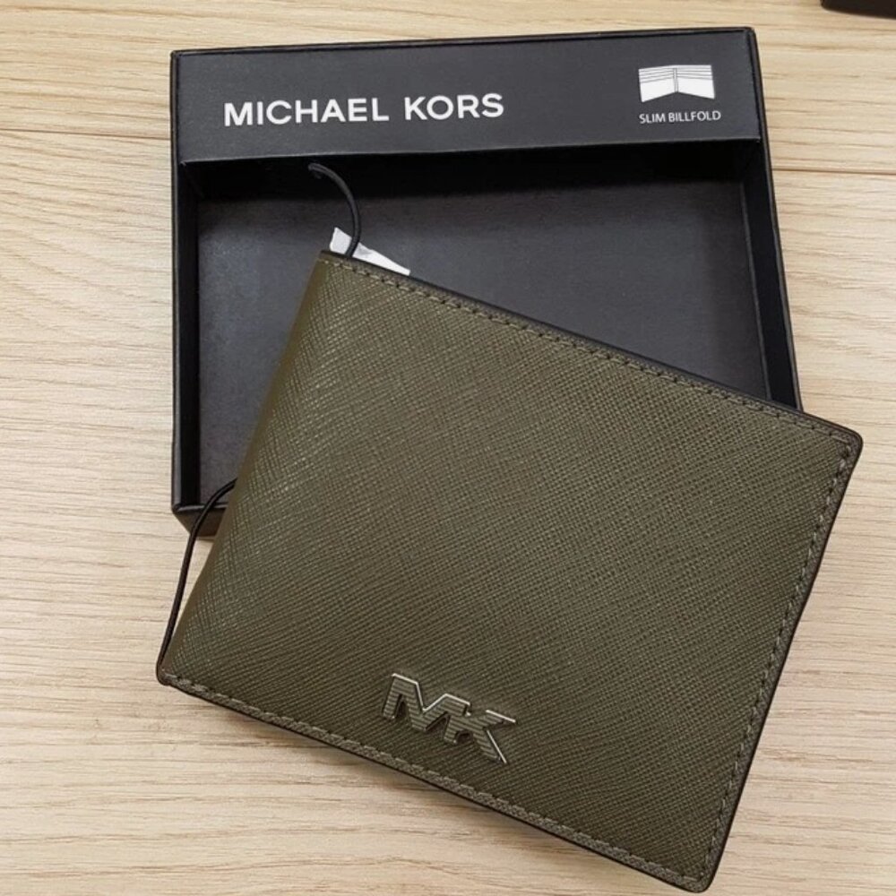 MICHAEL KORS Mens Slim Bifold Wallet Olive Green Saffiano Leather Boxed $78